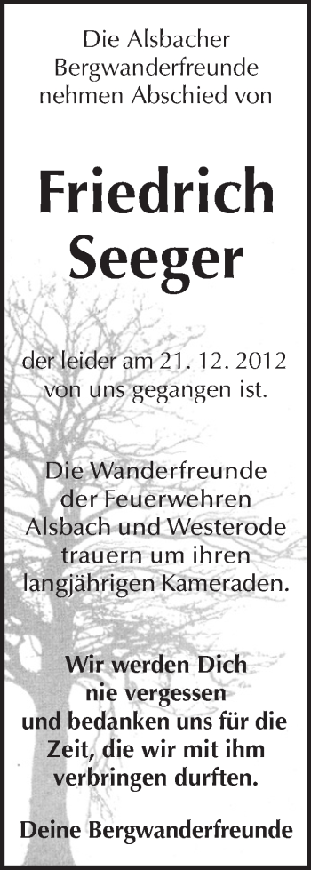 Traueranzeige von Friedrich Seeger von Echo-Zeitungen (Gesamtausgabe)