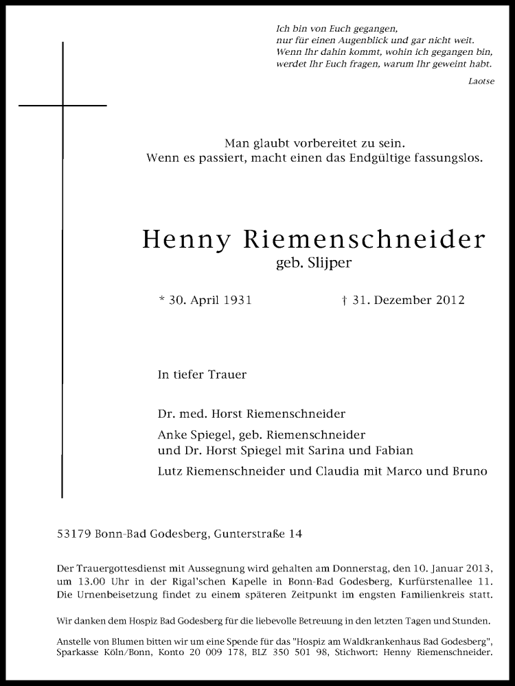  Traueranzeige für Henny Riemenschneider vom 05.01.2013 aus Echo-Zeitungen (Gesamtausgabe)