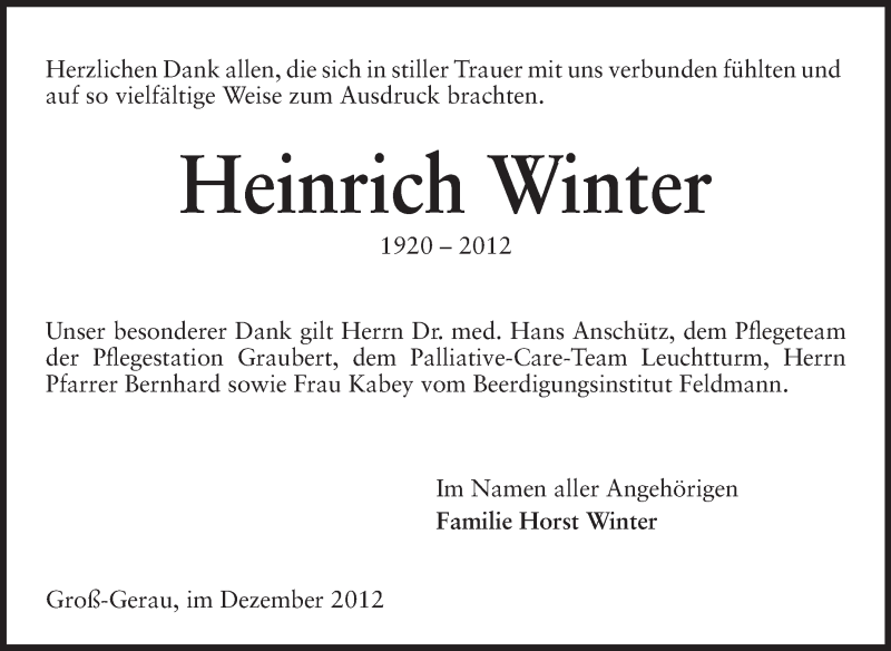  Traueranzeige für Heinrich Winter vom 05.01.2013 aus Rüsselsheimer Echo, Groß-Gerauer-Echo, Ried Echo