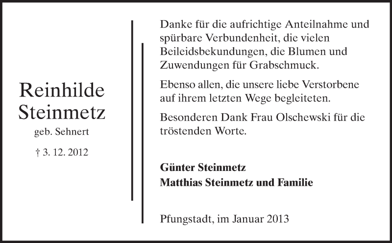  Traueranzeige für Reinhilde Steinmetz vom 05.01.2013 aus Echo-Zeitungen (Gesamtausgabe)