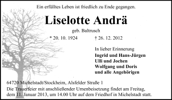 Traueranzeige von Liselotte Andrä von Odenwälder Echo