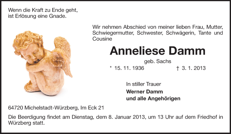  Traueranzeige für Anneliese Damm vom 05.01.2013 aus Odenwälder Echo
