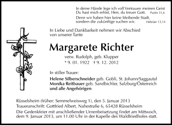 Traueranzeige von Margarete Richter von Rüsselsheimer Echo, Groß-Gerauer-Echo, Ried Echo