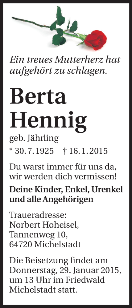  Traueranzeige für Berta Hennig vom 24.01.2015 aus Echo-Zeitungen (Gesamtausgabe)