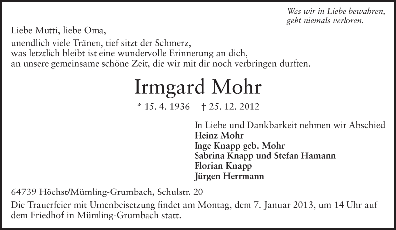  Traueranzeige für Irmgard Mohr vom 05.01.2013 aus Odenwälder Echo