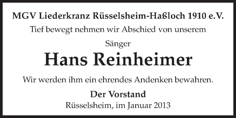  Traueranzeige für Hans Reinheimer vom 05.01.2013 aus Rüsselsheimer Echo, Groß-Gerauer-Echo, Ried Echo