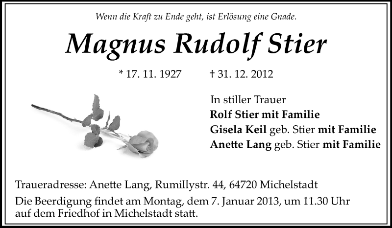  Traueranzeige für Magnus Rudolf Stier vom 05.01.2013 aus Odenwälder Echo