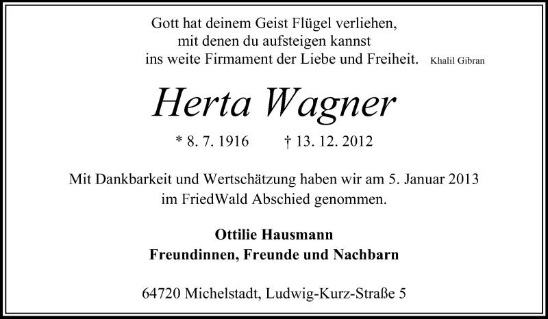  Traueranzeige für Herta Wagner vom 07.01.2013 aus Odenwälder Echo