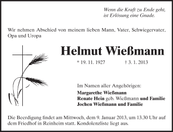 Traueranzeige von Helmut Wießmann von Darmstädter Echo, Odenwälder Echo, Rüsselsheimer Echo, Groß-Gerauer-Echo, Ried Echo