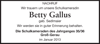 Traueranzeige von Betty Gallus von Rüsselsheimer Echo, Groß-Gerauer-Echo, Ried Echo