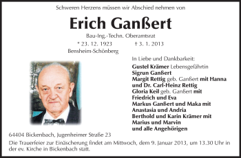 Traueranzeige von Erich Ganßert von Echo-Zeitungen (Gesamtausgabe)