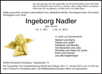 Traueranzeige von Ingeborg Nadler von Rüsselsheimer Echo, Groß-Gerauer-Echo, Ried Echo