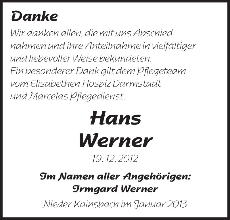  Traueranzeige für Hans Werner vom 12.01.2013 aus Odenwälder Echo