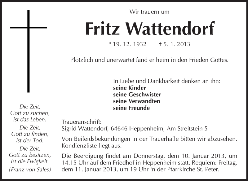  Traueranzeige für Fritz Wattendorf vom 08.01.2013 aus Starkenburger Echo