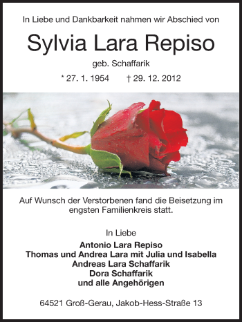 Traueranzeige von Sylvia Lara Repiso von Rüsselsheimer Echo, Groß-Gerauer-Echo, Ried Echo