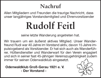 Traueranzeige von Rudolf Feitl von Rüsselsheimer Echo, Groß-Gerauer-Echo, Ried Echo