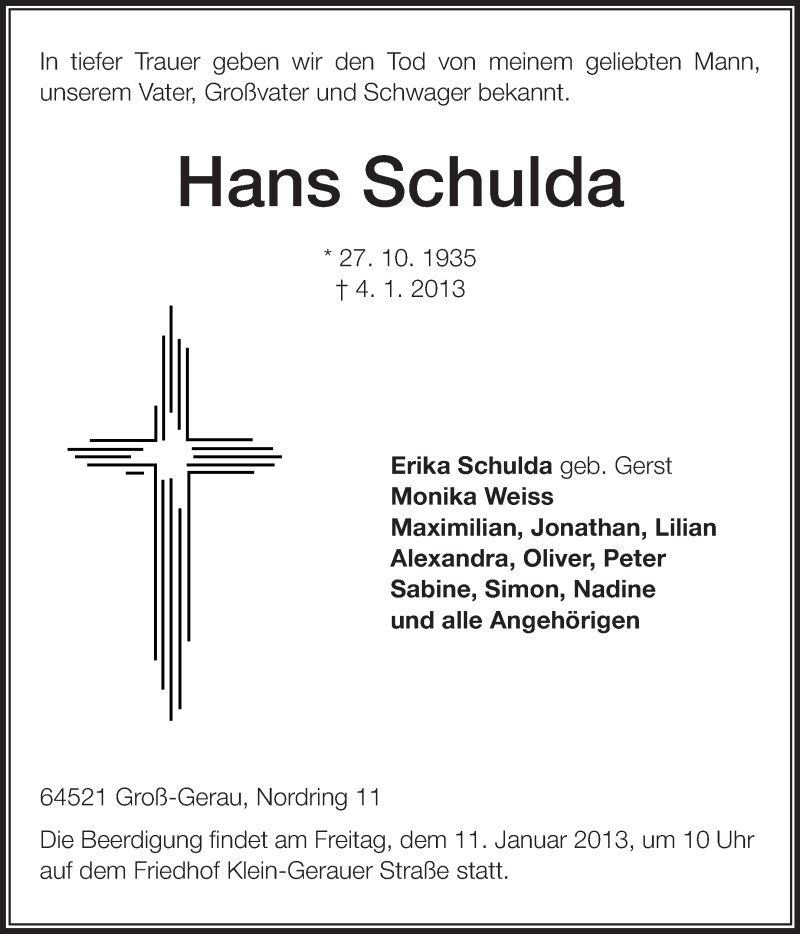  Traueranzeige für Hans Schulda vom 09.01.2013 aus Rüsselsheimer Echo, Groß-Gerauer-Echo, Ried Echo