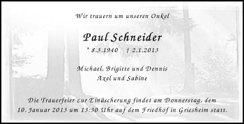 Traueranzeige von Paul Schneider von Echo-Zeitungen (Gesamtausgabe)