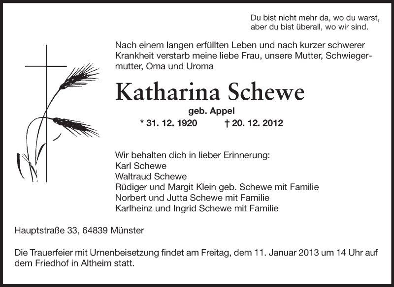  Traueranzeige für Katharina Schewe vom 08.01.2013 aus Darmstädter Echo, Odenwälder Echo, Rüsselsheimer Echo, Groß-Gerauer-Echo, Ried Echo
