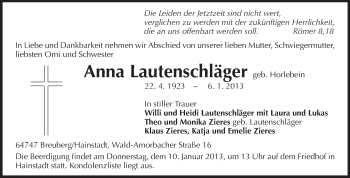 Traueranzeige von Anna Lautenschläger von Odenwälder Echo