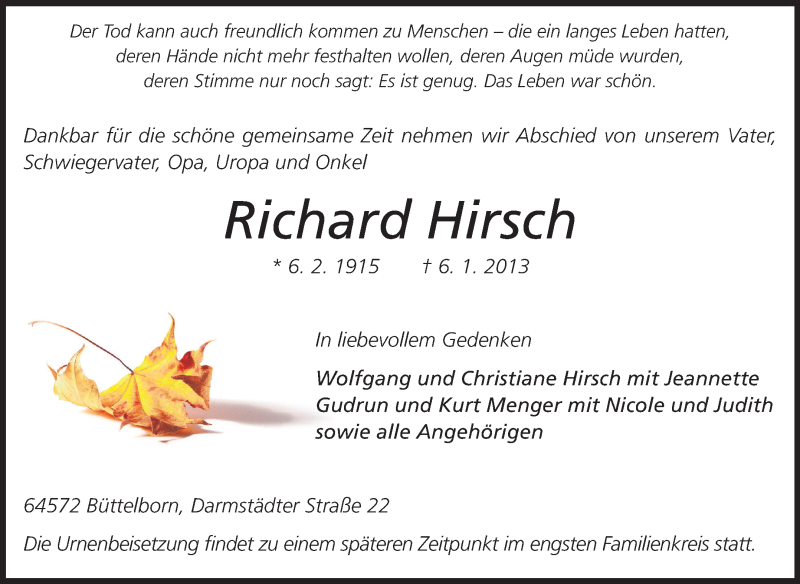  Traueranzeige für Richard Hirsch vom 09.01.2013 aus Rüsselsheimer Echo, Groß-Gerauer-Echo, Ried Echo