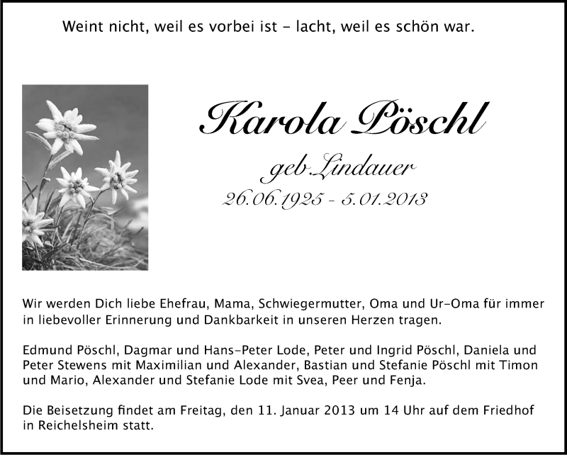  Traueranzeige für Karola Pöschl vom 09.01.2013 aus Odenwälder Echo