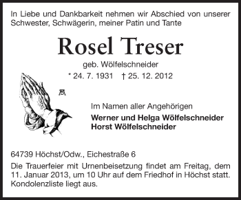 Traueranzeige von Rosel Treser von Odenwälder Echo