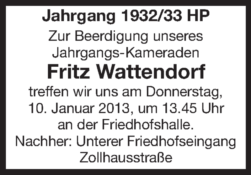  Traueranzeige für Fritz Wattendorf vom 09.01.2013 aus Starkenburger Echo