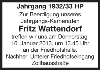 Traueranzeige von Fritz Wattendorf von Starkenburger Echo