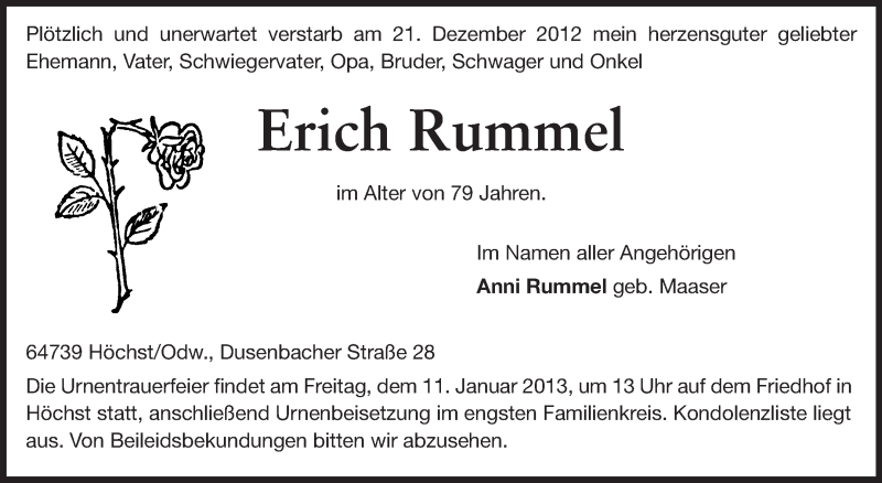  Traueranzeige für Erich Rummel vom 09.01.2013 aus Odenwälder Echo