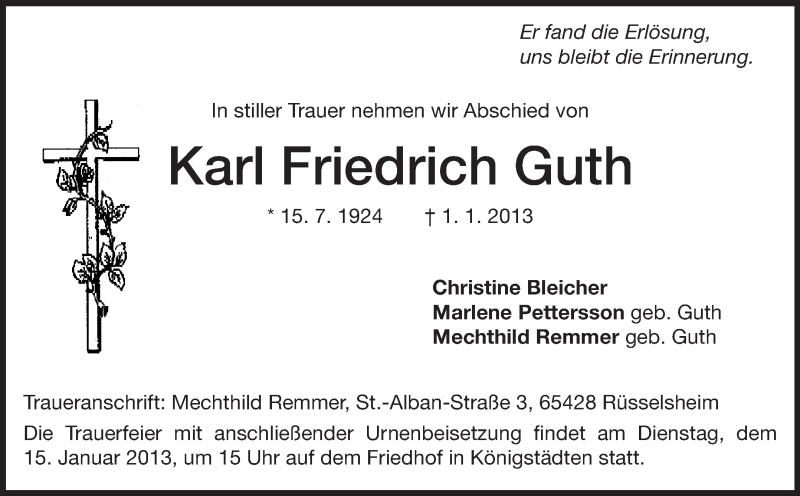  Traueranzeige für Karl Friedrich Guth vom 12.01.2013 aus Rüsselsheimer Echo, Groß-Gerauer-Echo, Ried Echo