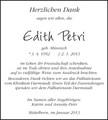 Traueranzeige von Edith Petri von Rüsselsheimer Echo, Groß-Gerauer-Echo, Ried Echo