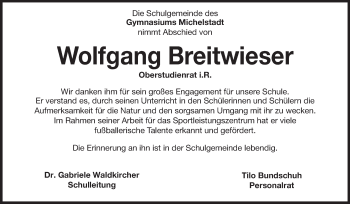 Traueranzeige von Wolfgang Breitwieser von Odenwälder Echo