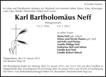 Traueranzeige von Karl Bartholomäus Neff von Starkenburger Echo, Bergsträßer Anzeiger