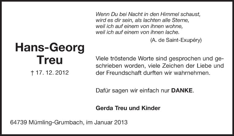  Traueranzeige für Hans-Georg Treu vom 10.01.2013 aus Odenwälder Echo