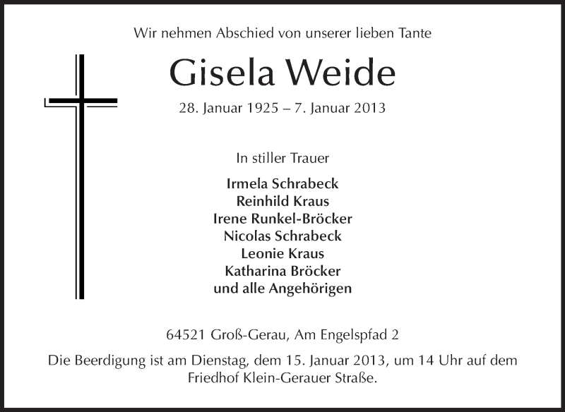  Traueranzeige für Gisela Weide vom 12.01.2013 aus Rüsselsheimer Echo, Groß-Gerauer-Echo, Ried Echo