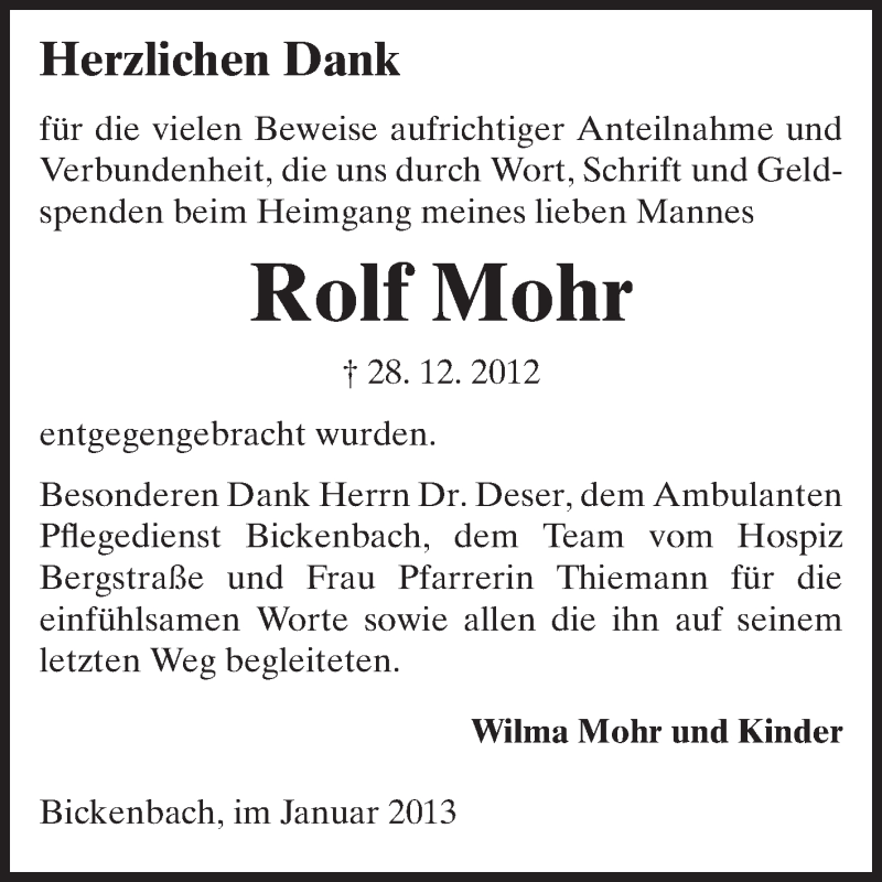 Traueranzeige für Rolf Mohr vom 12.01.2013 aus Echo-Zeitungen (Gesamtausgabe)