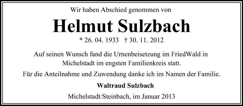  Traueranzeige für Helmut Sulzbach vom 12.01.2013 aus Odenwälder Echo