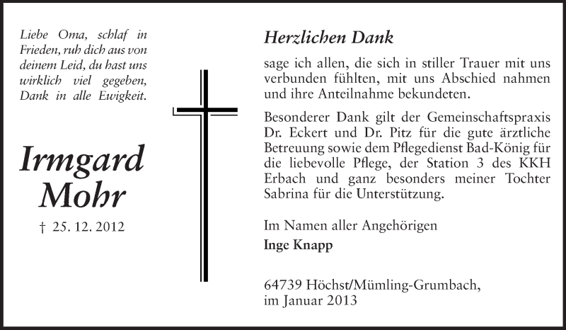  Traueranzeige für Irmgard Mohr vom 14.01.2013 aus Odenwälder Echo
