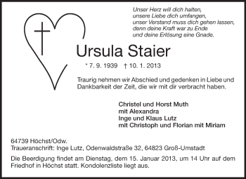 Traueranzeige von Ursula Staier von Odenwälder Echo
