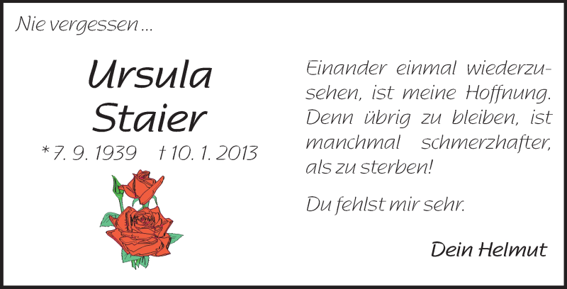  Traueranzeige für Ursula Staier vom 12.01.2013 aus Odenwälder Echo