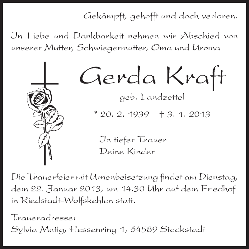 Traueranzeige für Gerda Kraft vom 12.01.2013 aus Echo-Zeitungen (Gesamtausgabe)