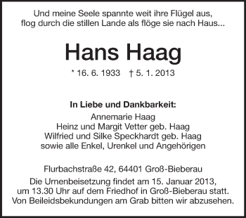 Traueranzeige von Hans Haag von Echo-Zeitungen (Gesamtausgabe)