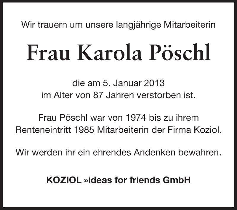  Traueranzeige für Karola Pöschl vom 12.01.2013 aus Echo-Zeitungen (Gesamtausgabe)