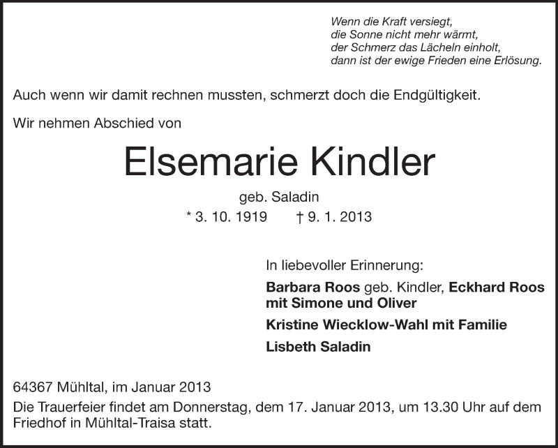  Traueranzeige für Elsemarie Kindler vom 12.01.2013 aus Echo-Zeitungen (Gesamtausgabe)