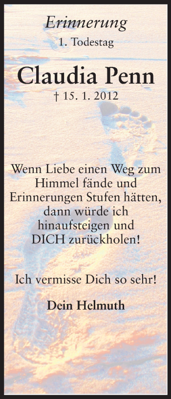 Traueranzeige von Claudia Penn von Echo-Zeitungen (Gesamtausgabe)