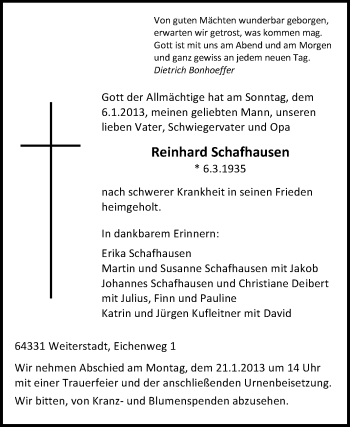 Traueranzeige von Reinhard Schafhausen von Echo-Zeitungen (Gesamtausgabe)