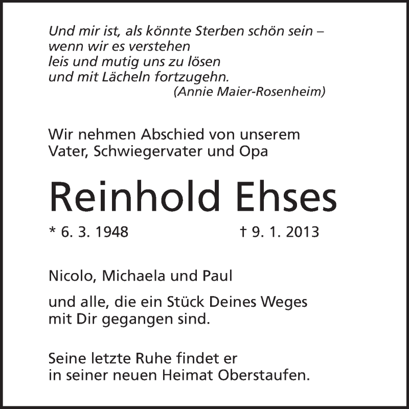  Traueranzeige für Reinhold Ehses vom 12.01.2013 aus Echo-Zeitungen (Gesamtausgabe)