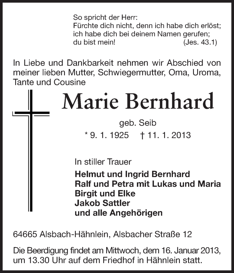  Traueranzeige für Marie Bernhard vom 14.01.2013 aus Echo-Zeitungen (Gesamtausgabe)