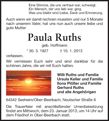 Traueranzeige von Paula Ruths von Echo-Zeitungen (Gesamtausgabe)
